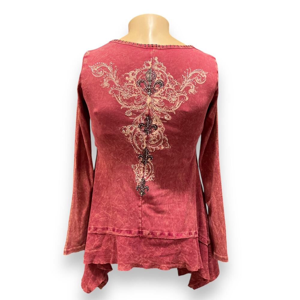 Vocal Maroon Rhinestone Ribbed Tunic Sz Small - Picture 3 of 16